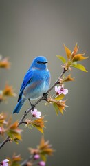 Obraz premium Brilliant blue avian creature perches delicately upon a flowering branch with emerging foliage