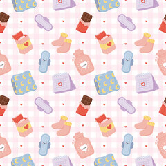 Feminine Hygiene Seamless Pattern, Menstrual Cups Tampons Uterus Cycle Tracking Illustration Background