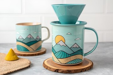 Turquoise Ceramic Pour Over Coffee Set with Wooden Coaster and Artistic Landscape Mug