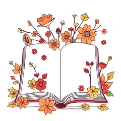 open book with autumn flowers and leaves watercolor illustration