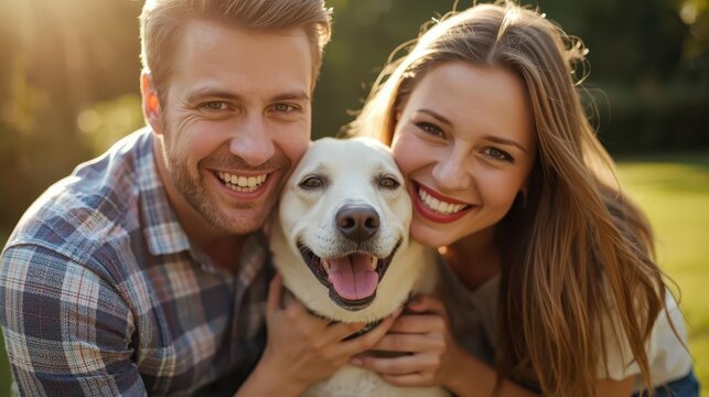 Happy couple smiling with their dog in a sunlit outdoor setting - Powered by Adobe