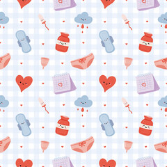 Feminine Hygiene Seamless Pattern, Menstrual Cups Tampons Uterus Cycle Tracking Illustration Background