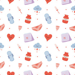 Feminine Hygiene Seamless Pattern, Menstrual Cups Tampons Uterus Cycle Tracking Illustration Background