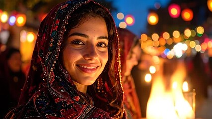 A radiant young woman in traditional attire smiles brightly amidst the warm glow of candles and festive lights, celebrating cultural heritage during an enchanting evening event - Powered by Adobe