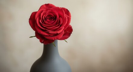 Vibrant red rose blossom rests in a simple gray container against a neutral background