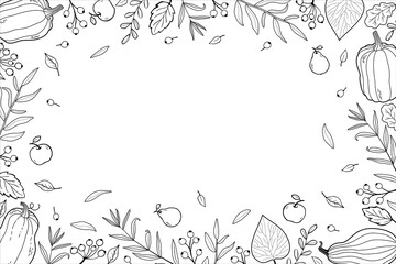 Autumn rectangular frame. Autumn time postcard template. Fall foliage frame in doodle style. Autumn elements - leaves, acorns, twigs, berries. Cartoon illustration, decor frame.