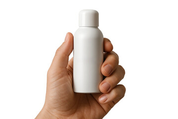 Hand holding small plastic bottle with cap, PNG transparent background