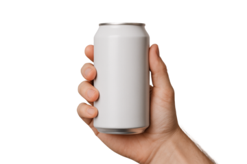 Hand holding blank aluminum can, PNG transparent background