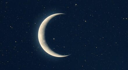 Fototapeta premium Glowing crescent moon illuminates the vast, dark night sky filled with numerous distant stars