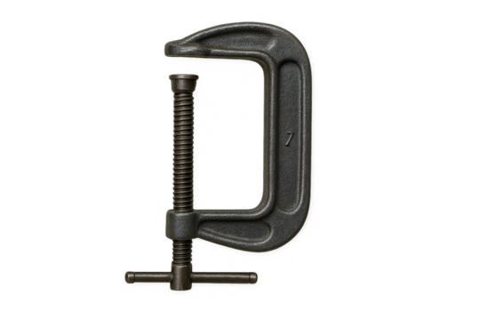 Metal C clamp tool for workshop or repair use, PNG transparent background