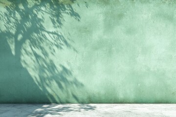 Green wall. Tree palm leaves light and shadows. Minimal abstract background. Pastel soft mint backdrop, white table. Showcase display case. Mockup ad Natural tropical premium podium. Empty interior