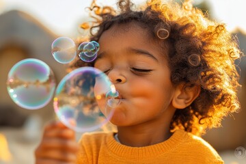 Kid joyfully blowing bubbles in a sunny outdoor setting with a carefree spirit