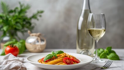 Culinary Still Life with Pasta, Wine, and Greenery A Study in Whites, Reds, and Greens.