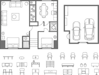 Modern house floor plan top view with furniture, kitchen, bedroom, and garage layout, architectural CAD drawing for home design and real estate visualization