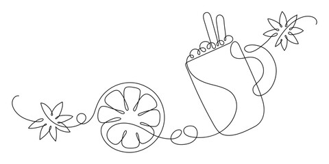 Cup of mulled wine; tea, coffee or coccao with cinnamon stick, orange and star anise spice. Continuous line drawing.