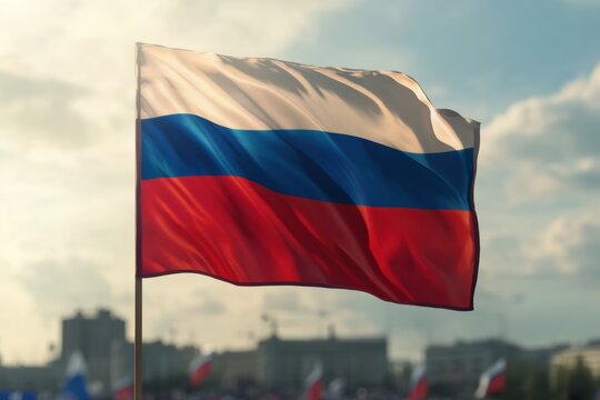 Bright Russian flag waving amidst a political gathering in the city center during an event