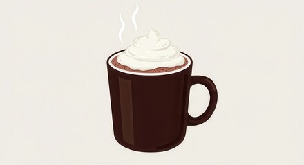 Dark brown mug filled with warm beverage topped with whipped cream steams gently