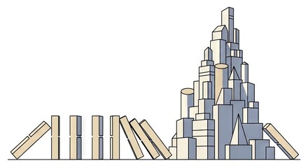 Abstract illustration of domino effect on white background with linear art and shadow play