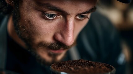 A man intently smells the aroma of freshly ground coffee focusing on its rich fragrance