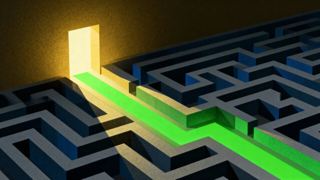 Illuminated path through a complex maze leading to a glowing exit