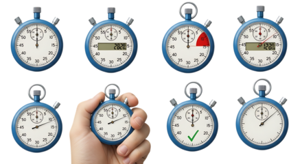 Multiple stopwatches displaying different times for measuring speed and performance