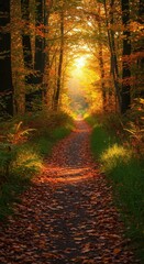 Obraz premium Sunlight streams down a leaf-strewn woodland path during the autumnal season