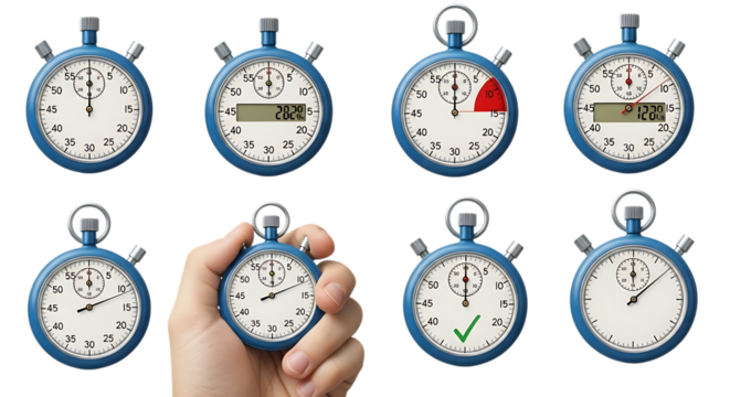 Multiple stopwatches displaying different times for measuring speed and performance