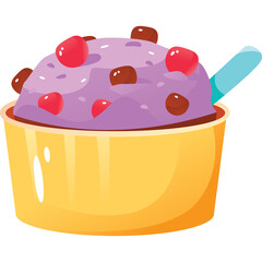 Close Up Of A Purple Ice Cream Cup With Red Cherries And Chocolate Chips And A Blue Spoon In A Yellow Cup On A White Background