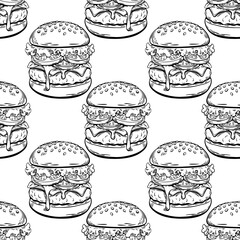 Seamless burger pattern in hand-drawn engraving sketch style