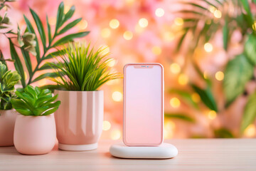 Phone charging wirelessly among plants soft ambient light