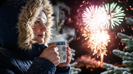 Winter Solstice Warmth: Cozy Moments with Fireworks and Hot Beverage - Powered by Adobe