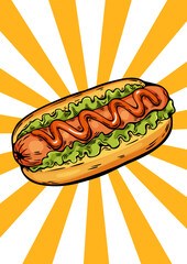 Hotdog in vintage pop art style on sunburst background