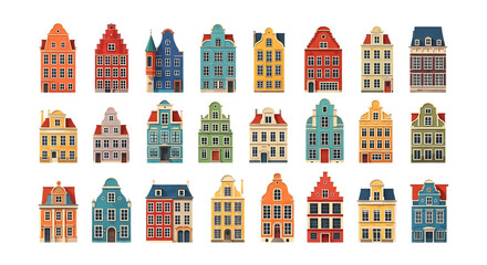 Vibrant cityscape mosaic of colorful narrow dutch houses illuminated at night
