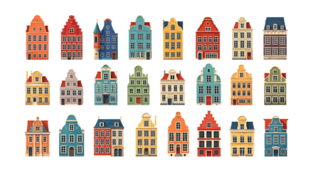 Vibrant cityscape mosaic of colorful narrow dutch houses illuminated at night