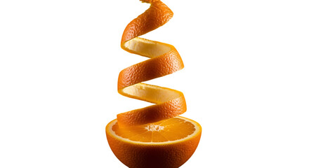 Citrus peel spiral emerging from orange fruit aromatic zest food styling close-up
