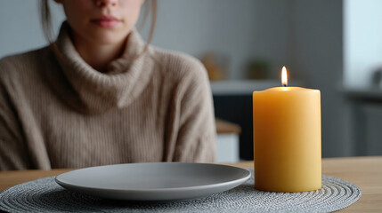 Solitude at dinner table with single candlelight, reflective moment of loneliness and contemplation