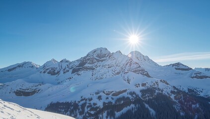 Frozen Peak Ascendancy. A Winter Landscape of Jagged Ridges and Radiant Illumination.