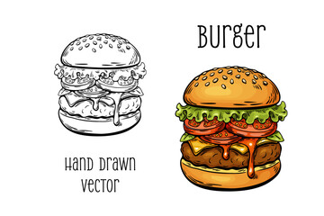 Burger in color and black outline sketch vintage food vector
