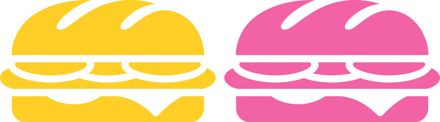 Two sandwiches isolated on white background, one yellow and one pink, representing food, lunch, and fast food