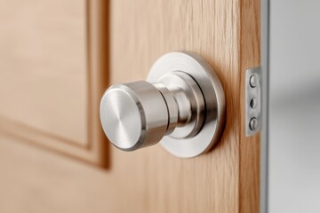 Obraz premium Doorknob. Metal door handle lock and latch of brass on veneer doors. Door wooden half opening through interior background, selective focus. Modern trends in a house design. Close-up. Metallic Keyhole