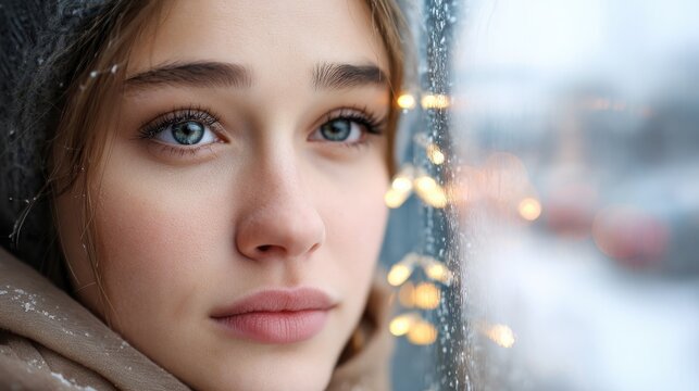 Thoughtful woman gazing out window at snowy winter street with reflections of lights, capturing a peaceful and contemplative moment in cold weather