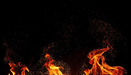 Flames rise with bright orange sparks against a stark black background, creating a dramatic, dynamic fiery effect