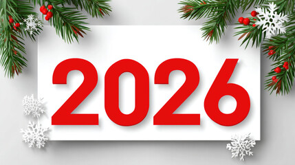 Elegant minimalist new year 2026 greeting card with bold red typography and festive greenery for seasonal celebrations