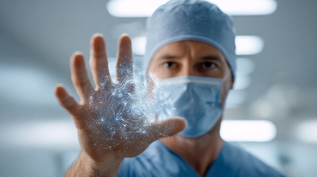 Surgeon wearing scrubs and a mask extending a hand, revealing a glowing network of lines and nodes representing an ai interface for future medical procedures
