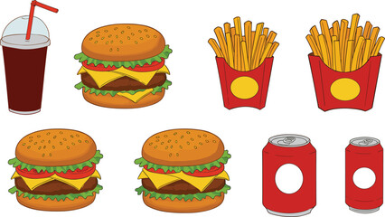 Delicious fast food meal illustration with cheeseburgers, french fries, soda drink, and cola cans for restaurant menu and advertising design