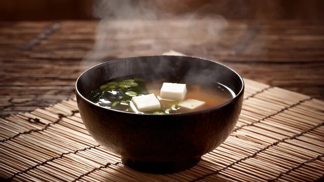 Close up of a bowl of japanese miso soup showing tofu and seaweed on a wooden mat