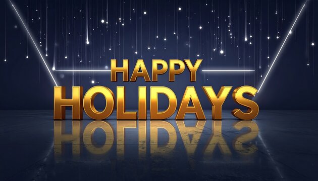 Gold "Happy Holidays" text with light trails and sparkling particles on a reflective surface, against a blue backdrop
