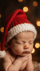 Baby in knitted Christmas hat sleeps with eyes closed. Warm golden bokeh lights on blurry background create magic.