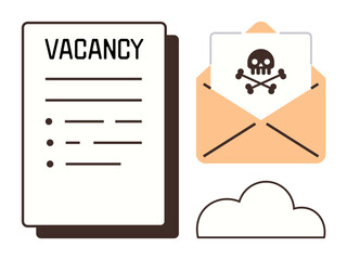 Job listing document paired with open envelope containing a warning sign of digital threat. Ideal for cybersecurity, online safety awareness, phishing, malware, job scams, fraud detection, simple