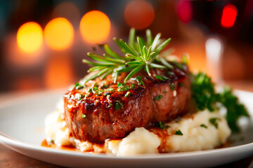 Sumptuous steak dinner with mashed potatoes and red wine